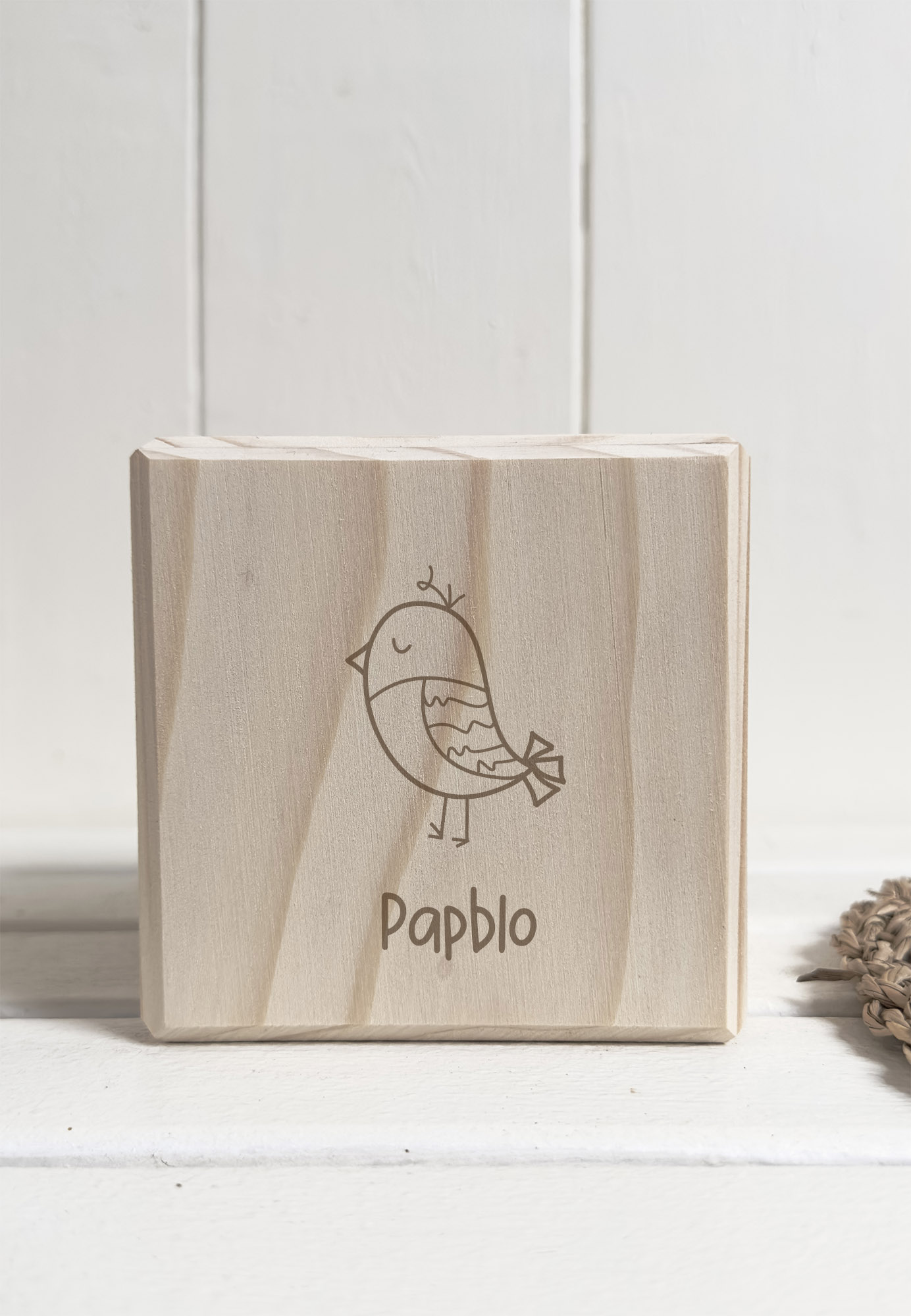 Spardose Holz personalisiert - Vogel Piet