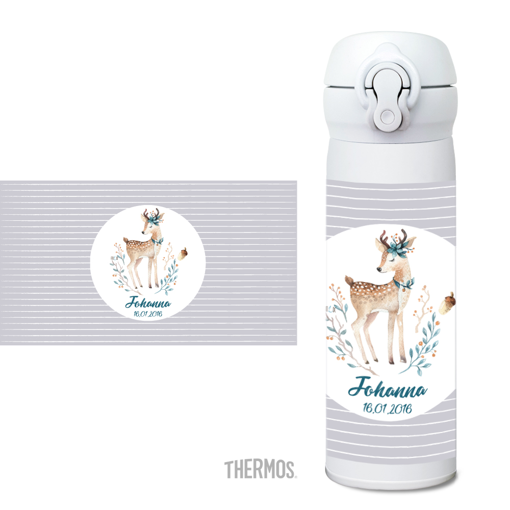 Reh Thermos Isolier -Trinkflasche personalisierbar - Woodland