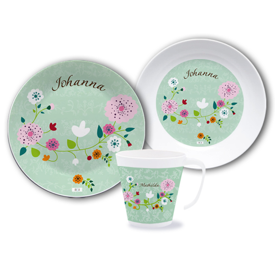 Kinder Geschirr Set mit Namen - Floral Mint