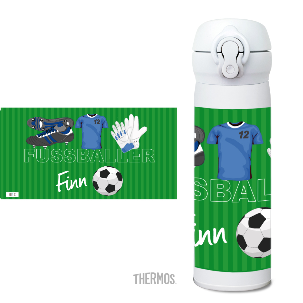 Thermos Isolier -Trinkflasche Fußball blau - personalisierbar