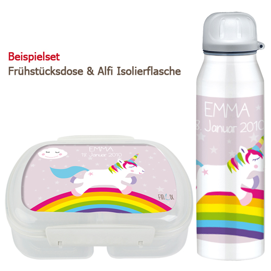 Brotdose und Trinkflasche Einhorn Regenbogen personalisierbar